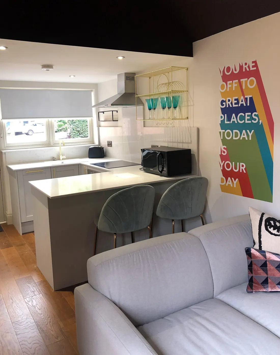 The Pug Pad lounge and kitchen